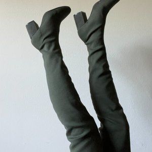 Ribbed khaki green over the knee boots with a block heel